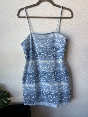 Light Blue Printed Spaghetti-Strap Mini Dress
